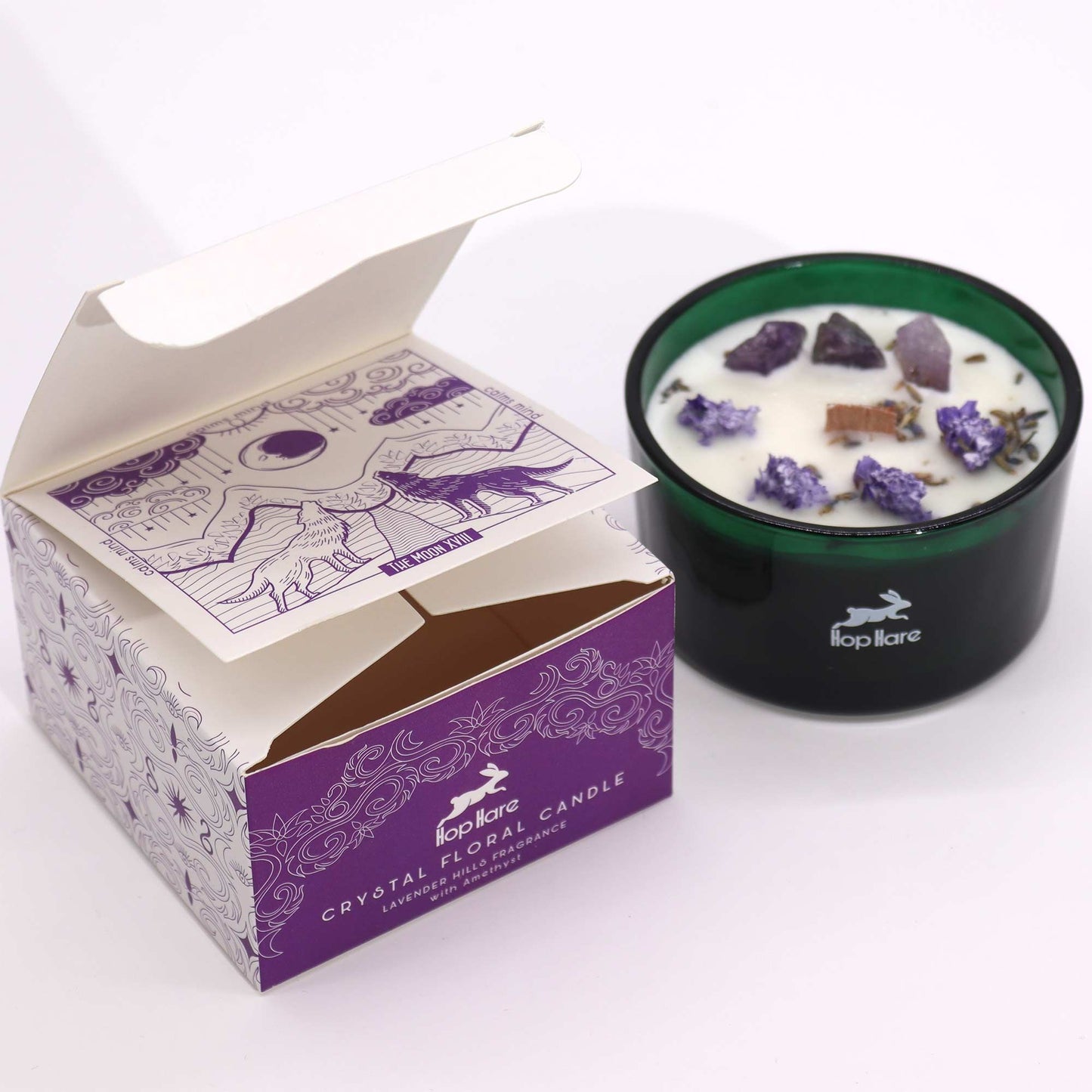 Amethyst crystal candle with dried lavender - The Moon tarot