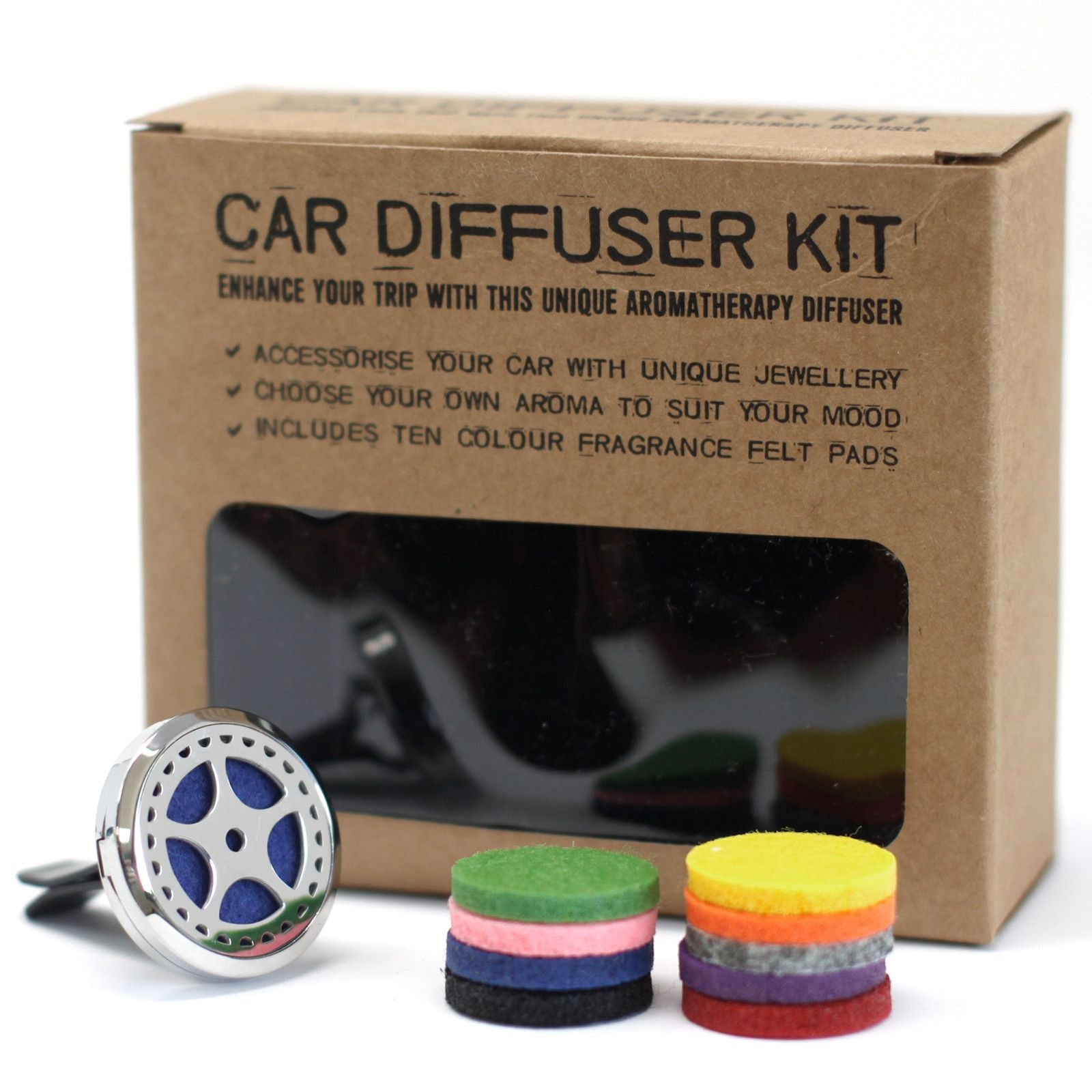 Car diffuser kit with packaging, diffuser and fragrance pads on a white background