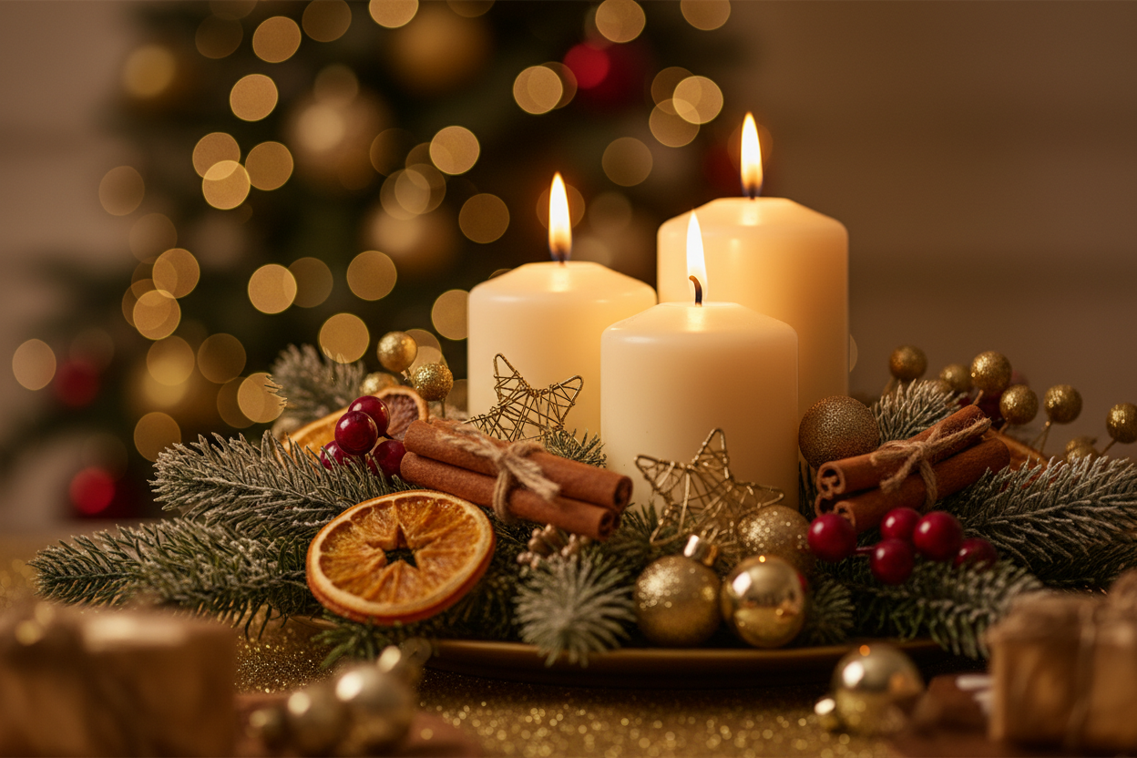 Cozy Christmas Candle Hero Image - Subdued Bokeh